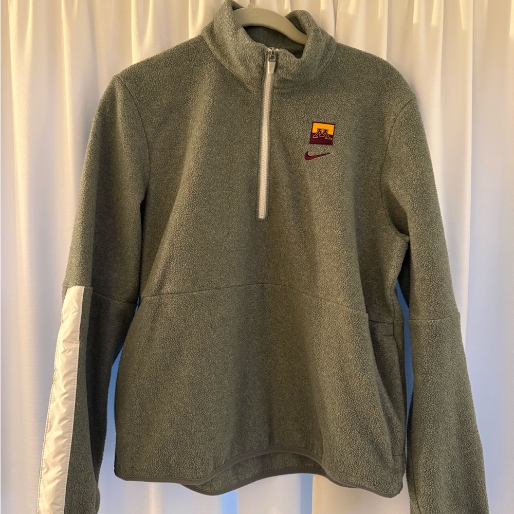Nike Olive Green Quarter-Zip Fleece Pullover with White Sleeve Accent